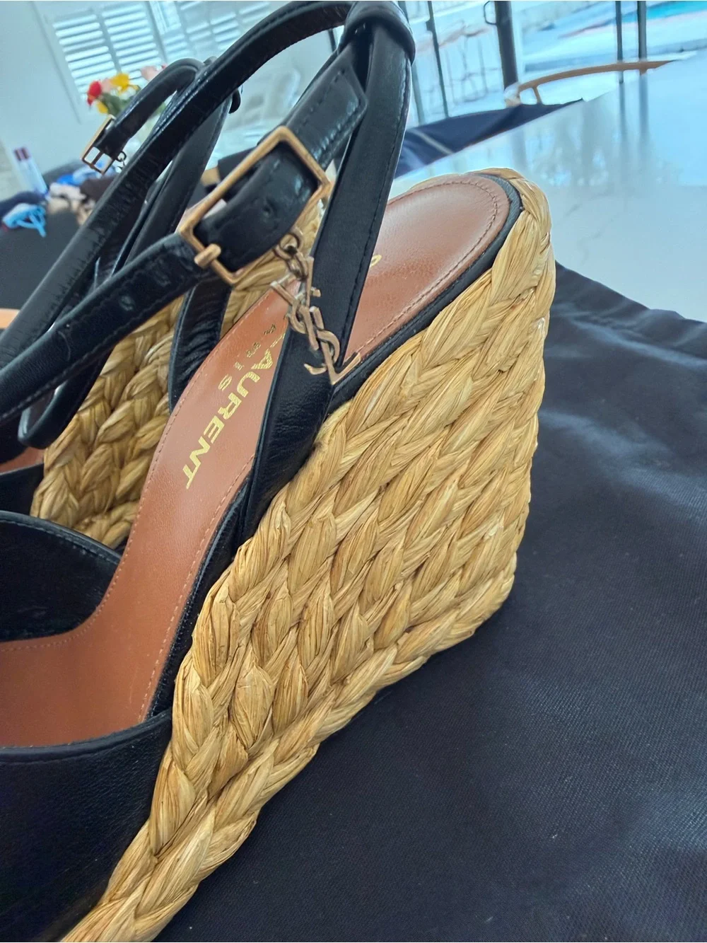 Saint Laurent Black Leather Espadrille Sandal Wedges with Tan Braided Sole
